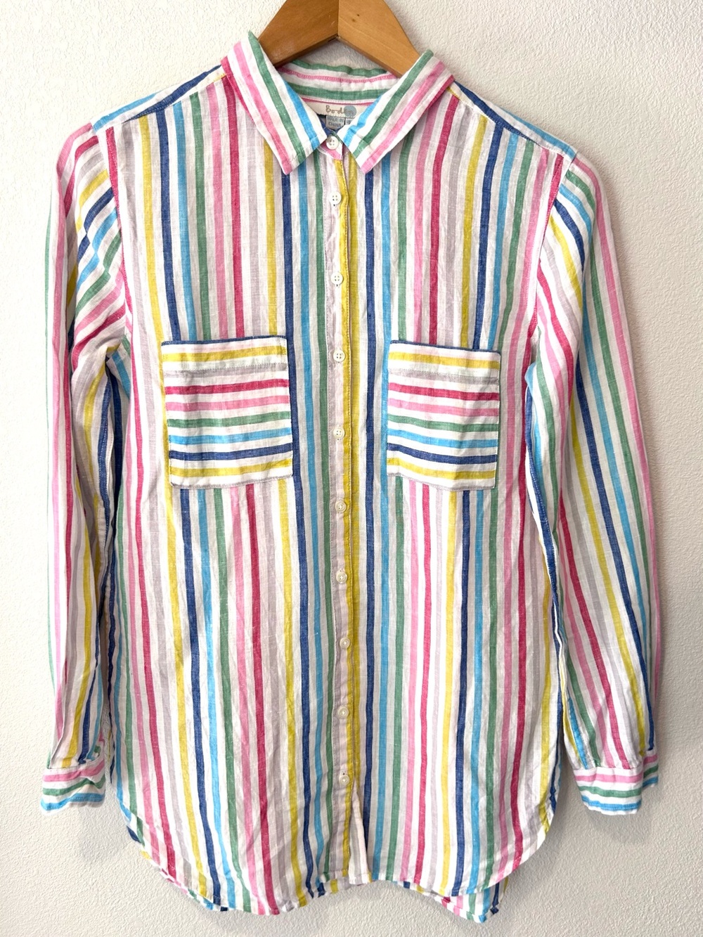Boden 100% Linen Rainbow Stripe Button-Down Shirt Long Sleeve Preppy Size 4L